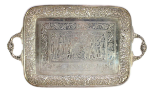 Islamic Style Silver Tray with Floral Relief and Engraved Scene of Veneration of the Prophet Muhammad