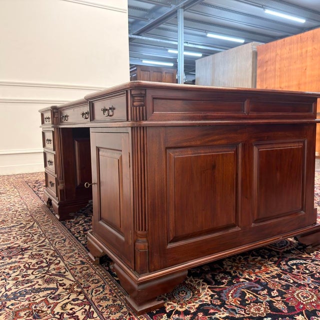 Brown English Partner Desk with Green Leather For Sale - Image 8 of 18