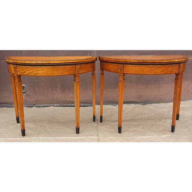 Traditional Late 18th Century Pair of George III Floral Wreath Painted Crossbanded Satinwood Demilune Card Tables For Sale - Image 3 of 18