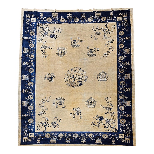Antique Chinese Peking Rug, Hand-Knotted Wool Pile, Tan Field, 10' x 13' For Sale