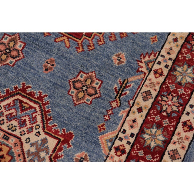 Rustic Super Kazak Light Blue/Red Wool Runner Rug- 2'5'' X 9'9'' For Sale In New York - Image 6 of 10
