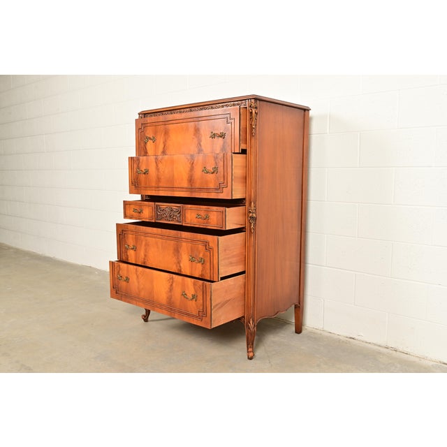 Romweber Romweber Style Antique French Provincial Louis XV Carved Satinwood and Burl Wood Highboy Dresser, Circa 1920s For Sale - Image 4 of 12