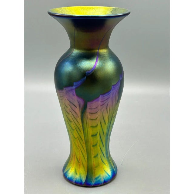 Abstract Lundberg Studios Abstract Art Glass Midnight Petite Vase 2004 Signed Certificate For Sale - Image 3 of 8
