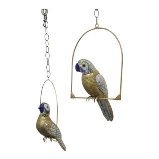 Vintage Sergio Bustamante Brass and Ceramic Perched Parrot Sculpture - a Pair For Sale
