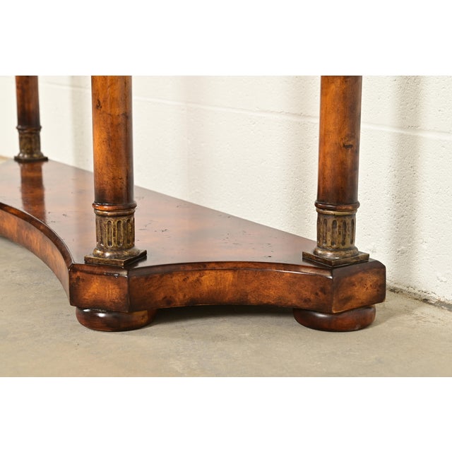 Brown Maitland Smith Style French Empire Burl Wood and Gold Gilt Demilune Console Tables, Pair For Sale - Image 8 of 12