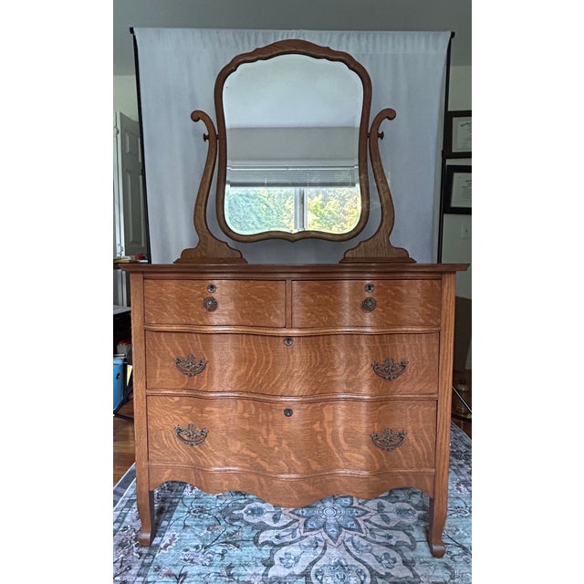 Antique 1900’s Atlas Furniture Co. Tiger Oak Serpentine Dresser With Tilting Beveled Mirror and Bail Pull Handles For Sale - Image 11 of 17