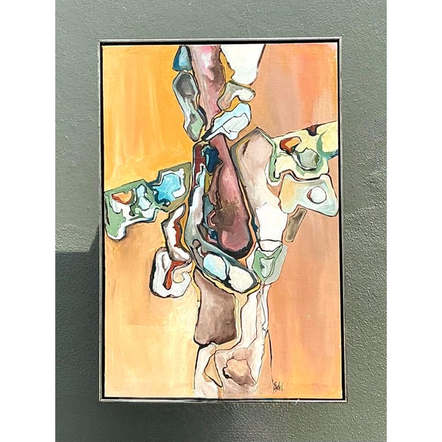 This captivating original oil on canvas, signed "Sybil," is a masterclass in organic abstraction and color theory....