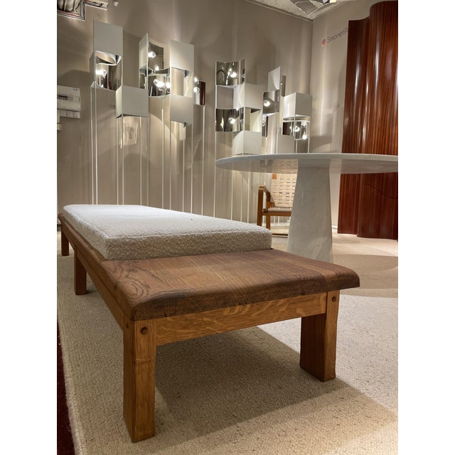 Oak Bench with Ecru Bouclé Fabric Seat, 1970s, in Restored conditions. Designed 1970 to 1979