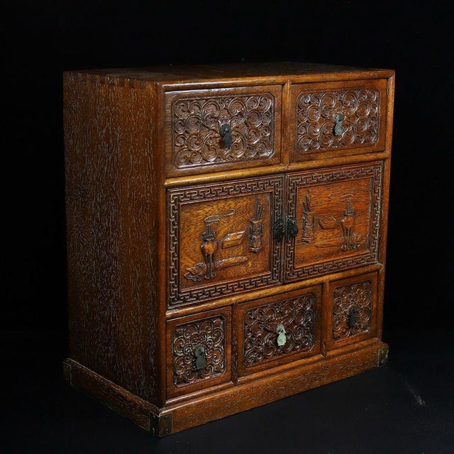 Chinese Vintage Chinese Huali Rosewood Carved "Antiques" Cabinet With 5 Drawers and Double Doors For Sale - Image 3 of 10