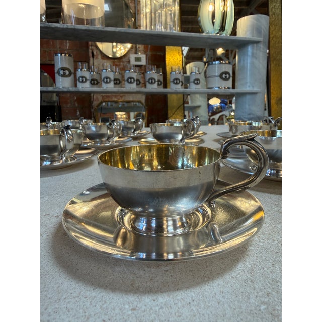 Italian Silver-Plate Tea Cup and Saucer Set, 12 Pieces, Mid-Century For Sale - Image 4 of 17