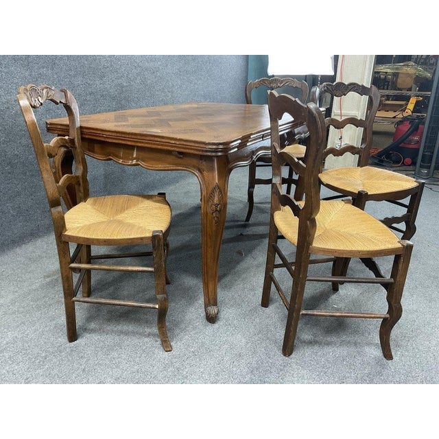 Textile Set of 4 Antique French Provincial Ladderback Dining Chairs | Louis XV Style Rush Seat For Sale - Image 7 of 10