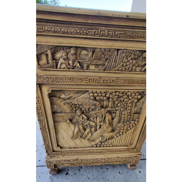 Camel 1920s Antique Chinese Wooden Bedside Cabinet With Carved Chinese Scenery For Sale - Image 8 of 12