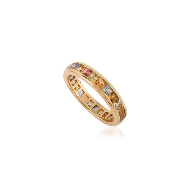 Pop Art Style Rainbow Multi Sapphire Eternity Band Ring in 14k Yellow Gold Size 5.5 For Sale - Image 4 of 16