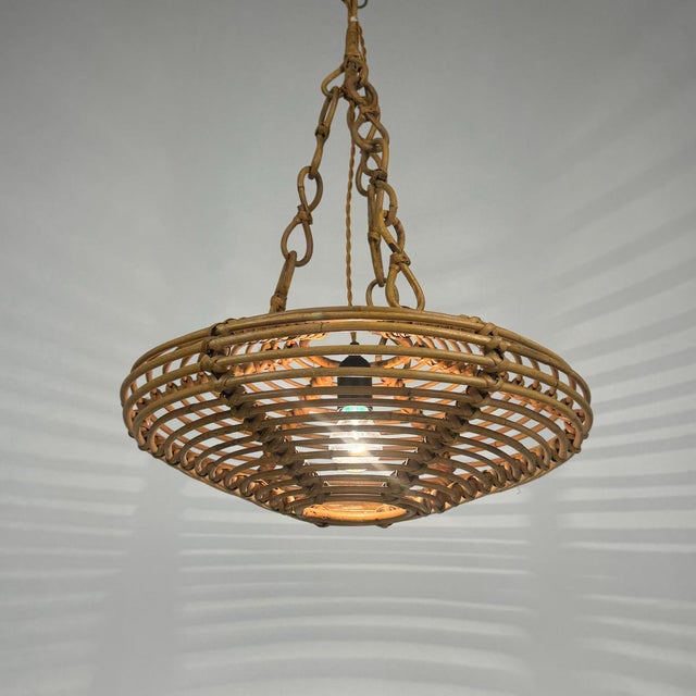 Italian Bamboo Rattan UFO Pendant Lamp, 1960s, in Very Good conditions. Designed 1960 to 1969 Up to 250V (Europe/UK...