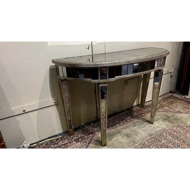 Hollywood Regency Lillian August Attributed Distressed Mirrored Demilune Console Table For Sale - Image 3 of 10