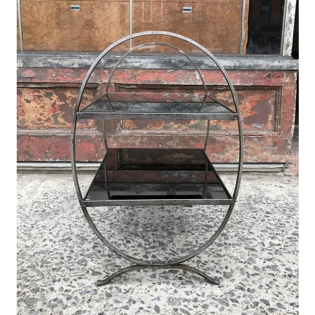 1930s Art Deco Etched Steel and Ebony Glass Two-Tier Side Table For Sale - Image 4 of 9