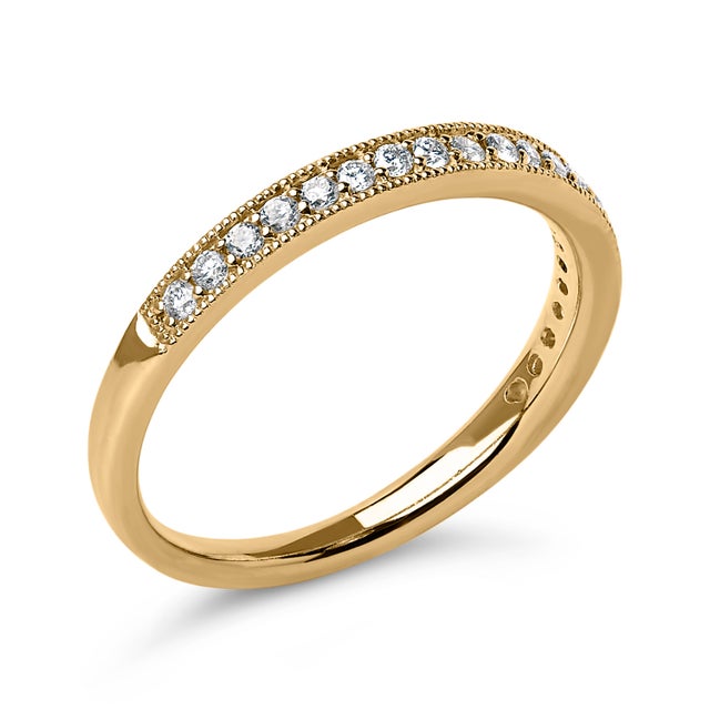 Contemporary 14K Yellow Gold 1/4 Cttw Round Diamond Milgrain Wedding Band (I-J Color, SI2-I1 Clarity) - Size 6.5 For Sale - Image 3 of 7