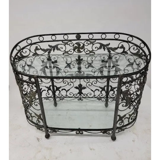 Late 20th Century Vintage Wrought Forged Iron Oval Glass Top Console Table For Sale - Image 5 of 7