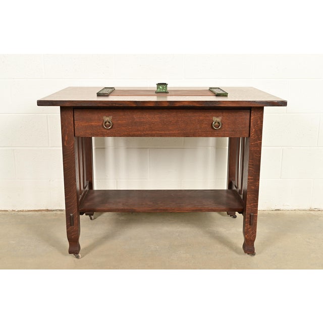 Green Apollo Studios New York Arts & Crafts Grapevine Pattern Bronze and Slag Glass Pen Brush For Sale - Image 8 of 9