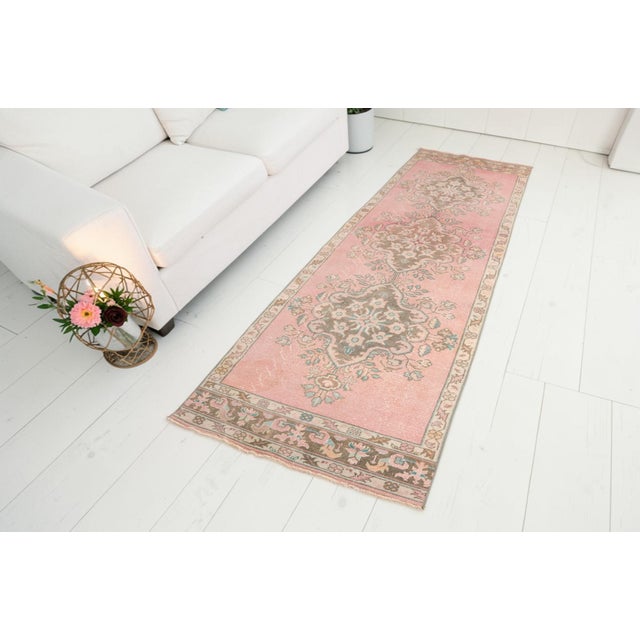 Turkish Low Pile Vintage Pink Runner For Sale - Image 3 of 10