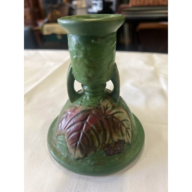 Roseville Pottery 1940s Style Roseville Style Pottery Candlestick Holders - a Pair For Sale - Image 4 of 11