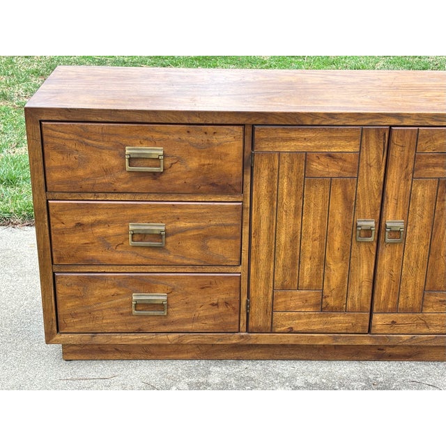 Wood Vintage Drexel Heritage Campaign 9 Drawer Dresser For Sale - Image 7 of 14