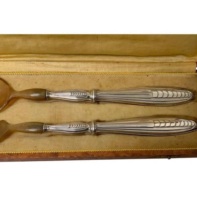 Antique French Bazin &amp; Cie Paris .950 Silver &amp; Natural Horn Salad Serving Spoon &amp; Fork Set Made in France c....