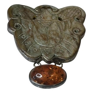 Vintage Stone Brooch With Amber For Sale