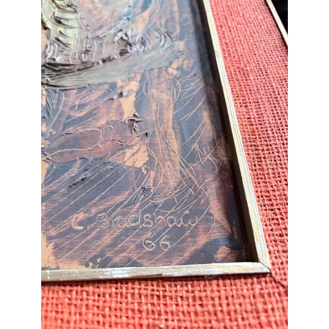 A striking and deeply textured mid-century oil painting, signed and dated 1966 by c. Bradshaw. This piece embodies a bold,...
