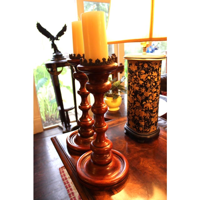 Brown Pair of Large Turned Wood Candlesticks by Theodore Alexander, 17.5" Tall For Sale - Image 8 of 8