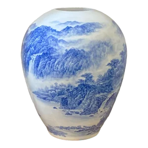 Chinoiserie Egg Shaped Blue and White Porcelain Vase 16" H