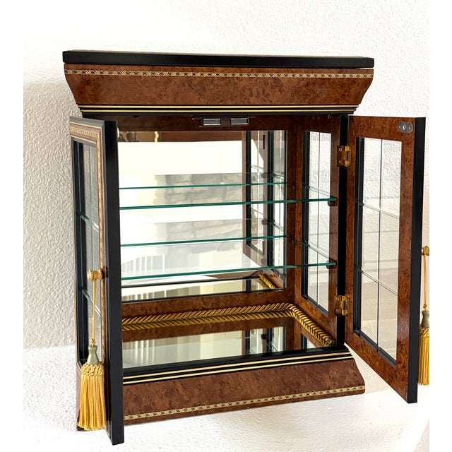 Arts & Crafts A Vintage Style Double Glass Mirrored Burl Curio Inlaid Marquetry Made in Italy For Sale - Image 3 of 11