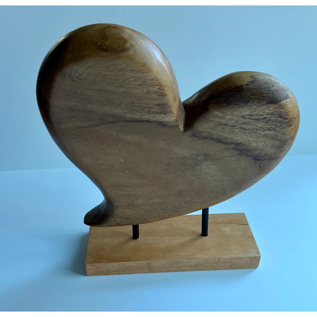 Abstract Carved Wood Heart Sculpture on a Wood Stand For Sale - Image 3 of 7