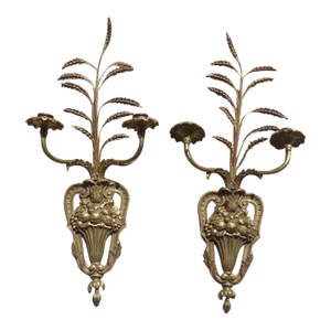 E F Caldwell Early 20th Century Century Fruit & Wheat Dore Bronze Candle Wall Sconces - a Pair