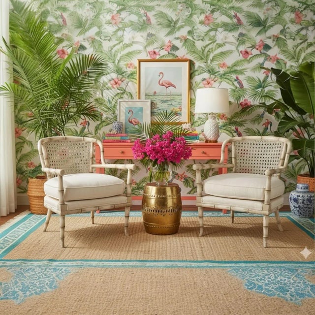 This is a pair of Hollywood Regency faux bamboo arm chairs with caned backs. They are structurally sound but the...