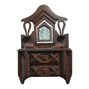 Antique Chip Carved Tramp Art Tabletop Dresser With Mirror — Published in a Legacy in Tramp Art