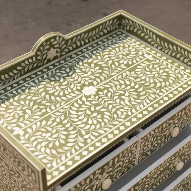 Arts & Crafts Arabesque Olive Green Inlay Dresser & Changing Table by House of Jaipur For Sale - Image 3 of 6