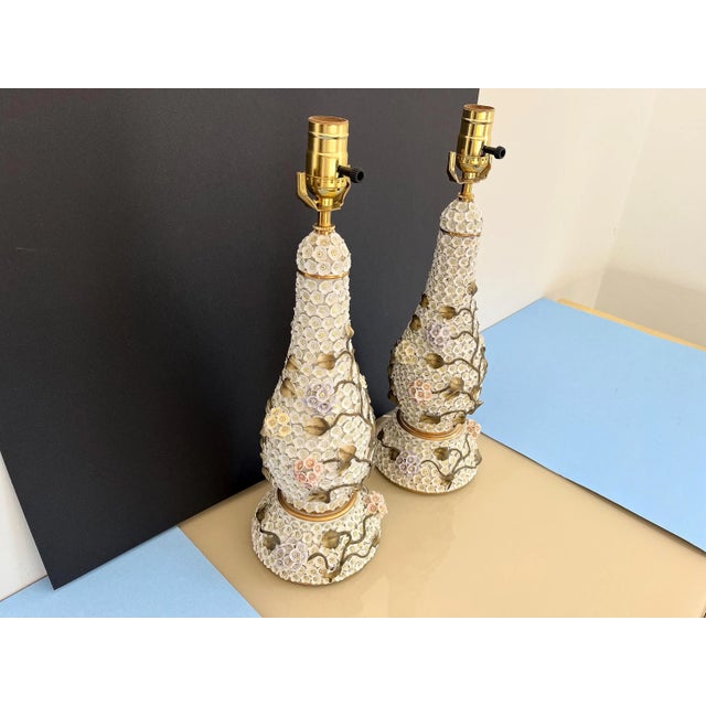 1950s Applied Floral Porcelain Tree of Life Lamps, Pair For Sale - Image 15 of 18