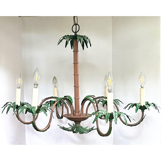 Traditional Late 20th Century Palm Beach Regency 6-Light Tole Palm Tree Chandelier With Shades For Sale - Image 3 of 10