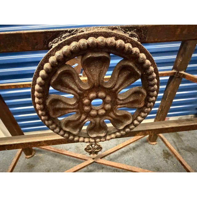 Vintage Brass & Glass Console Table – Ornate Metal Base With Floral Medallion Detail For Sale In Chicago - Image 6 of 10