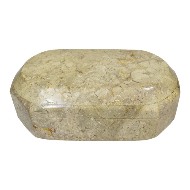 Modern Solid Stone Ivory Color Octagonal Oval Geometric Shape Trinket Jewelry Box For Sale