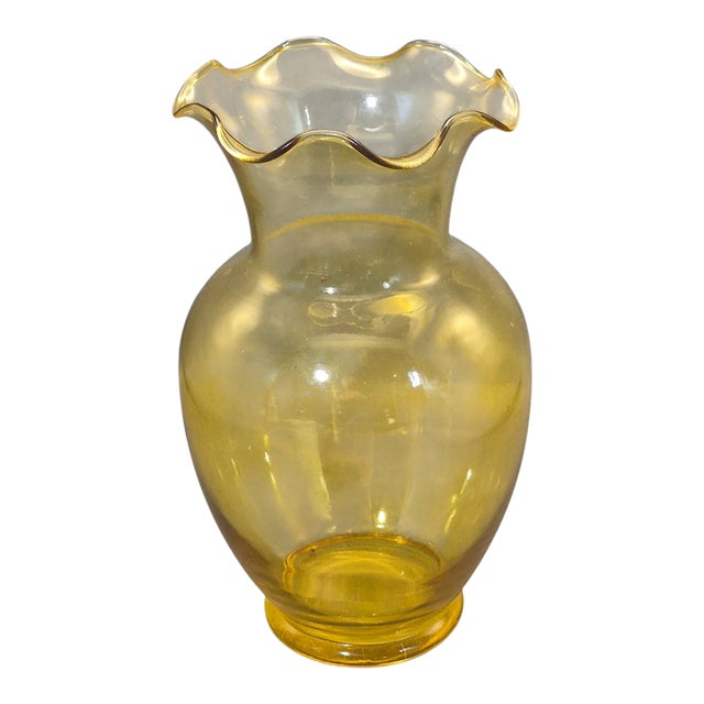 Vintage Amber Yellow Hand Blown Glass Ruffled Rim Vase 10.5'' Tall For Sale