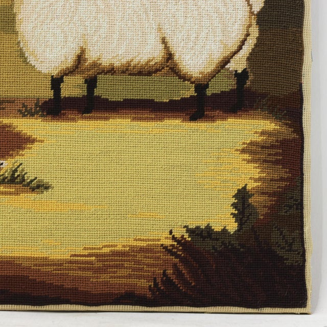 Avocado Vintage Sheep in Landscape Needlework – Pastoral Farm Scene Textile Art With Black-Faced Ewes For Sale - Image 8 of 10