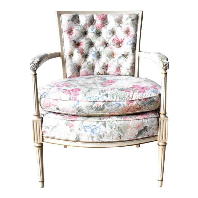 Vintage Louis XVI Floral Chintz Bergere Armchair For Sale