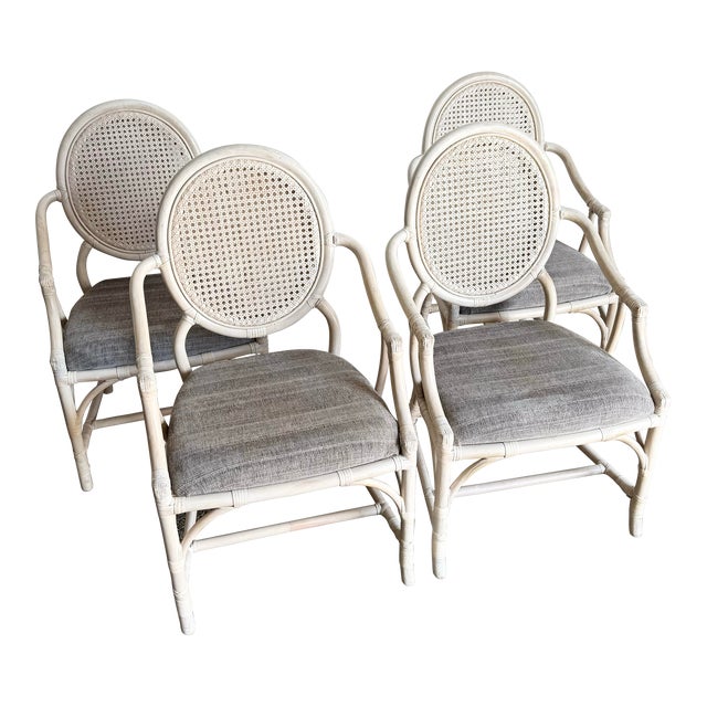 Coastal White Washed Cane Back Rattan Dining Arm Chairs - Set of 4 For Sale