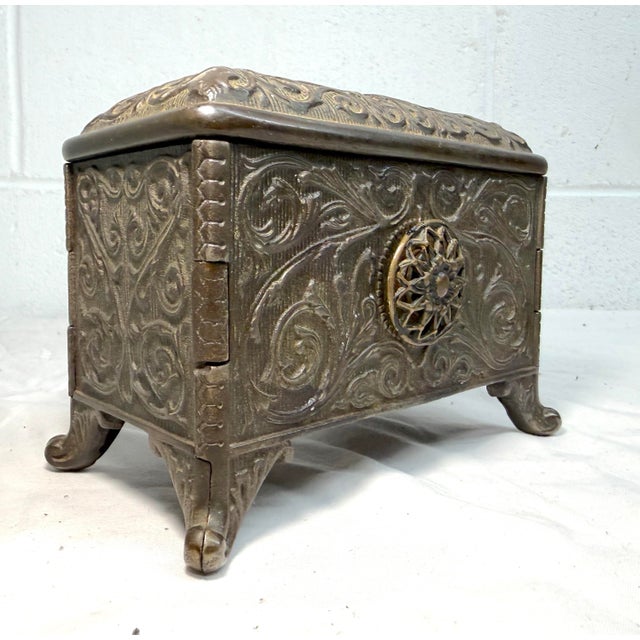 Metal Rare Antique Ornate 1890 Cast Iron Jewel Chest (Coffin Bank) by Hart Co. Usa For Sale - Image 7 of 15