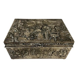 Antique Repousse Silverplate Cigar Humidor Box, Dutch Tavern Scene For Sale