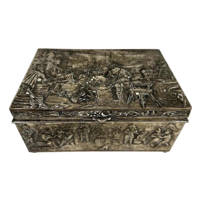 Antique Repousse Silverplate Cigar Humidor Box, Dutch Tavern Scene For Sale