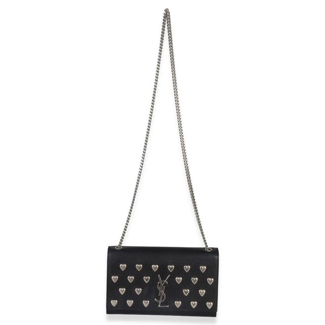 Black Black Smooth Calfskin Studded Heart Medium Kate Chain Bag For Sale - Image 8 of 9