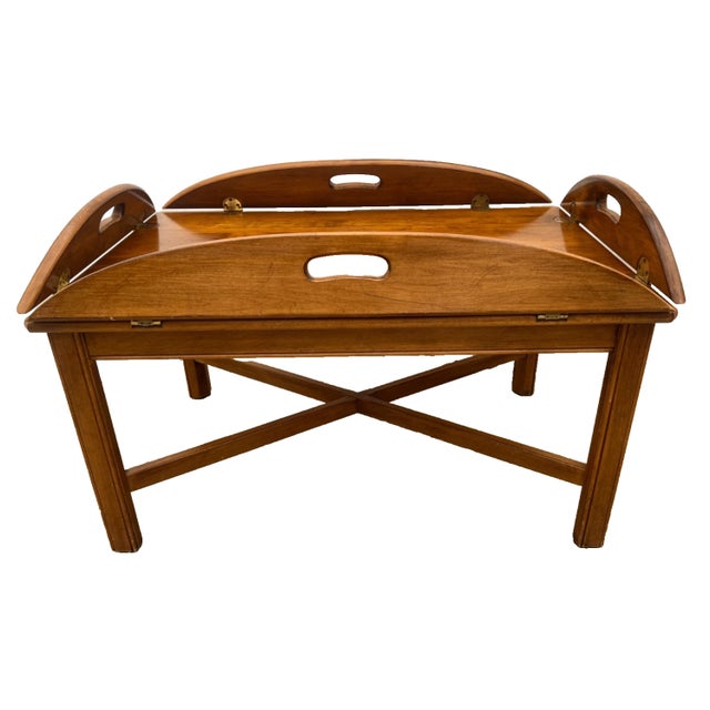 Brown Vintage Ethan Allen Butler's Tray Oval Cocktail Table Colonial Revival Maple For Sale - Image 8 of 14